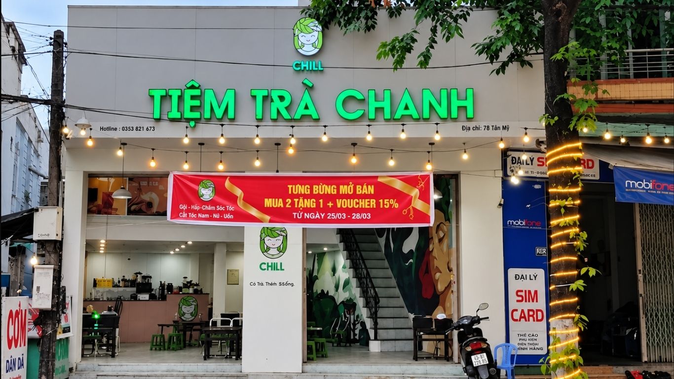 Mặt tiền bảng hiệu Tiệm Trà Chanh CHILL, 613 Núi Thành, Đà Nẵng